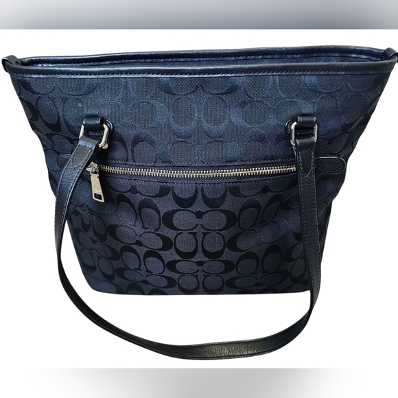 Coach Top Zip Black Signature Monogram Tote with Leather Trim, Horse & Carriage - Picture 2 of 14